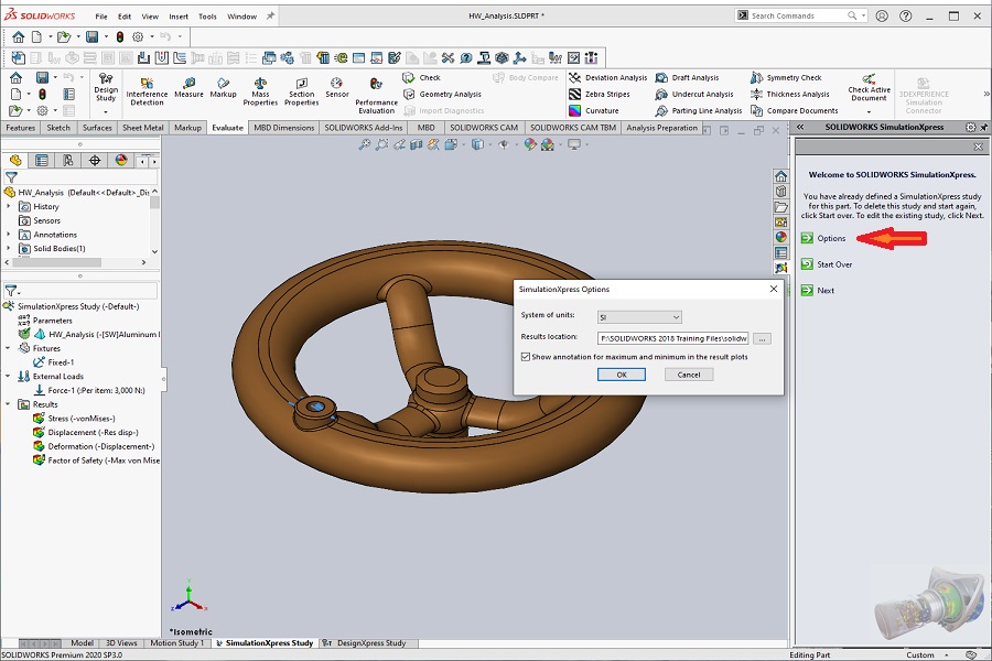 Команда: SW Simulation Xpress Options